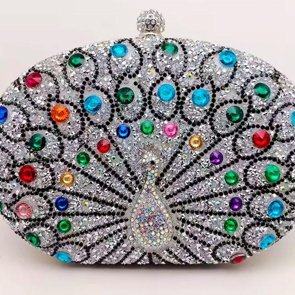 Cover Photo Silver Multi Color Crystals Peacock Curved Clutch HandBag - Picture 5 of 7